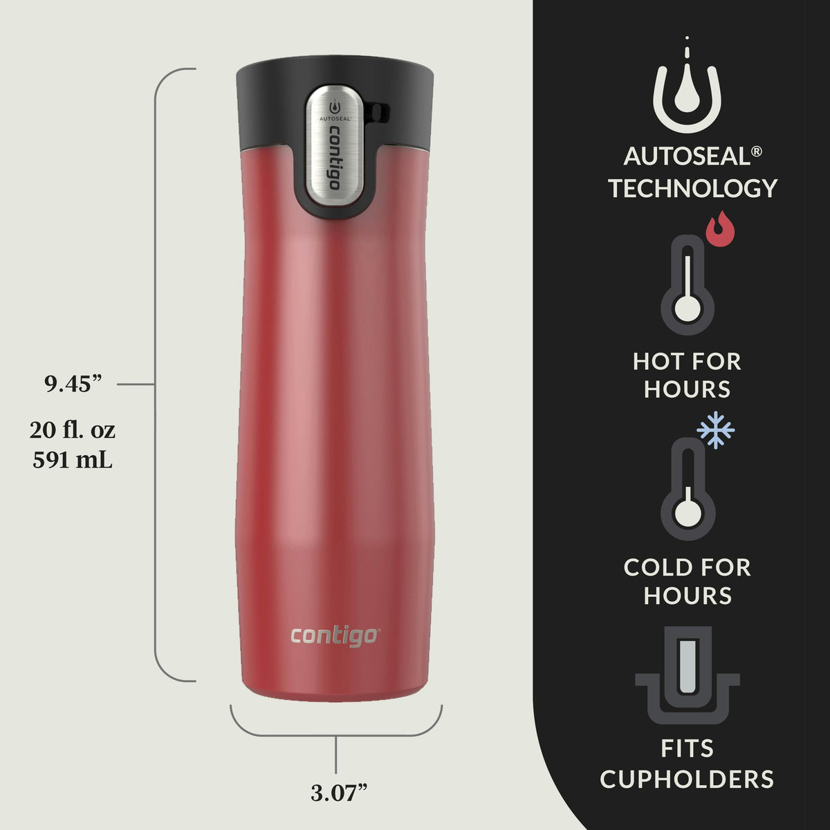AUTOSEAL West Loop Vacuum-Insulated Stainless Steel Travel Mug with Easy-Clean Lid, 20 oz, 2-Pack